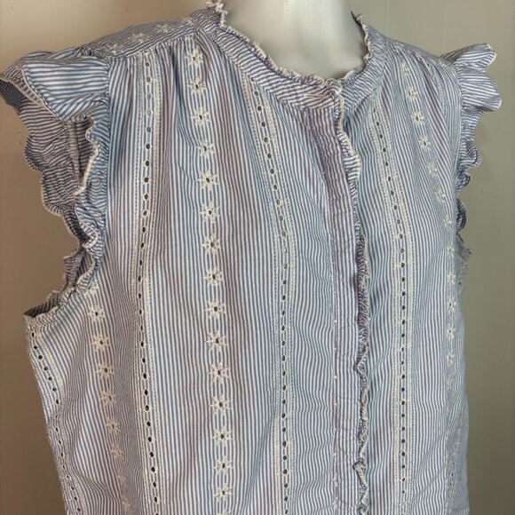 LOFT Top XL Blue White Striped Eyelet Embroidered Flutter Sleeve Button-Front - Picture 2 of 11